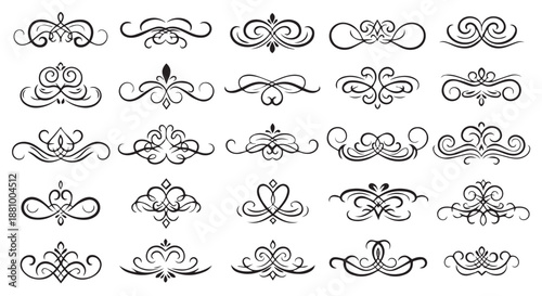 A collection of elegant black and white ornamental designs on a plain background flourishes dividers decorative border design concept