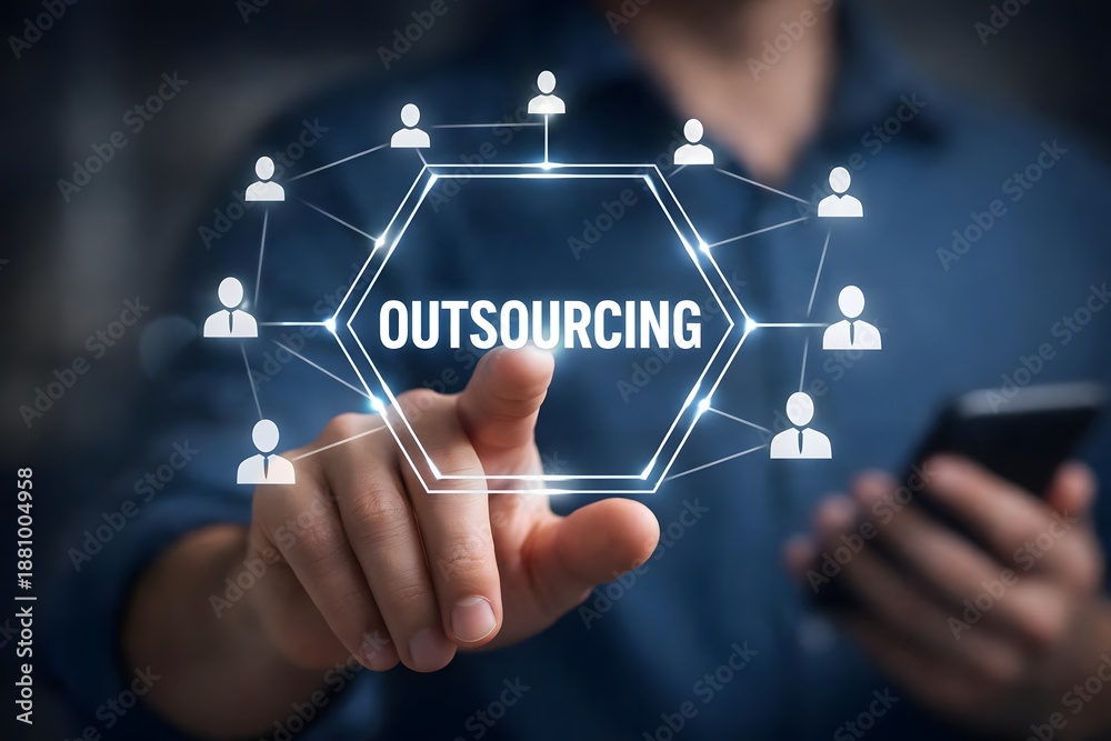 Obraz premium Outsourcing concept, Human resources and global recruitment for business. Businessman touching outsourcing icon for business working and company.