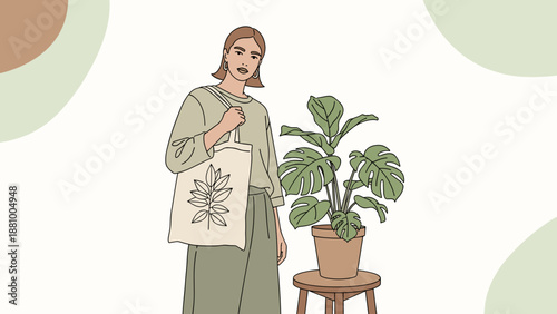 Woman Holding Bag Standing Near Plant.
