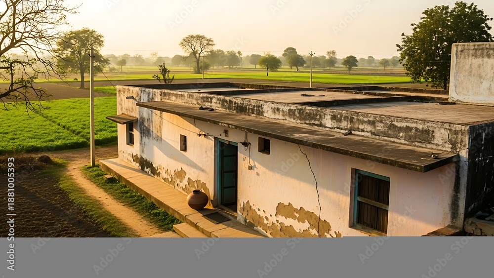 Obraz premium Weathered white building stands amidst lush green fields and trees under a soft serene sky