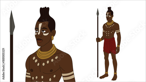 African Tribal Warrior Man Traditional Spear Vector Character