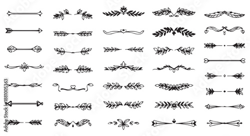 A collection of black and white illustrations of arrows and leaves on a white background flourishes dividers decorative border design concept