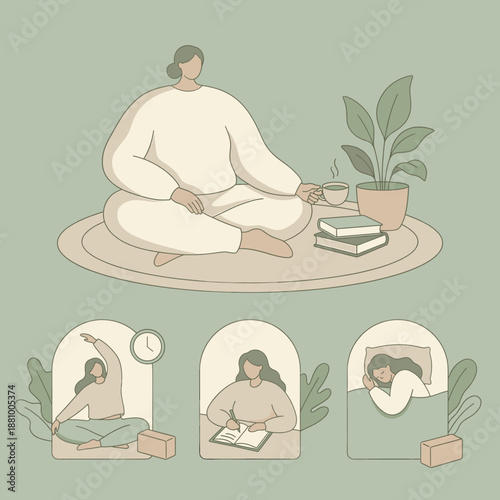Calm routine illustration showing peaceful daily wellness habits