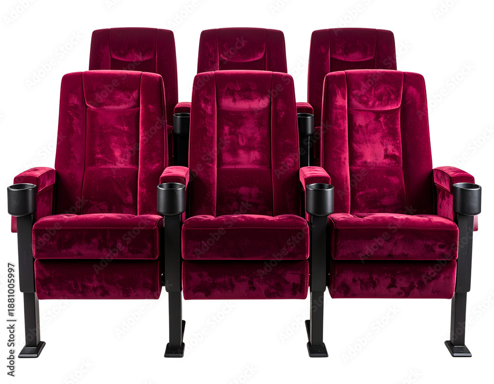 Obraz premium Five empty cinema seats upholstered in plush deep red velvet with dark armrests, meti