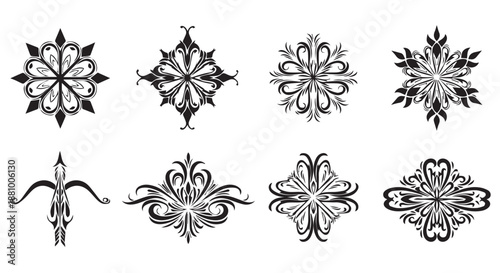 A collection of intricate black and white floral designs on a plain background flourishes dividers decorative border design concept