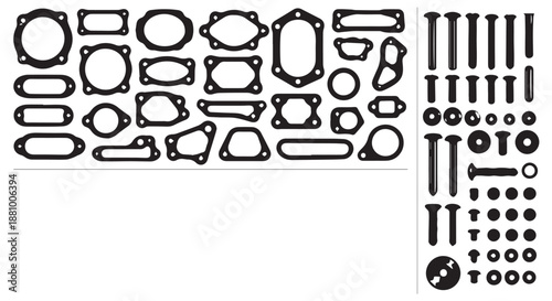 A collection of various gaskets and hardware components on a white background dividers decorative border design concept