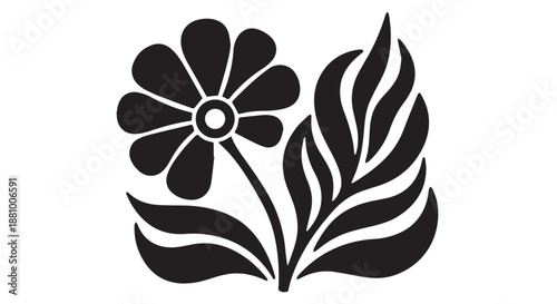 A simple black and white illustration of a flower with leaves on a plain background dividers decorative border design concept