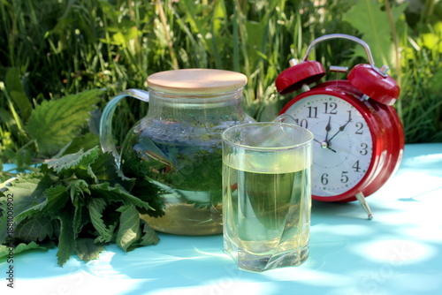 Tableau sur toile A decoction of nettle leaves in a teapot stands on a wooden table