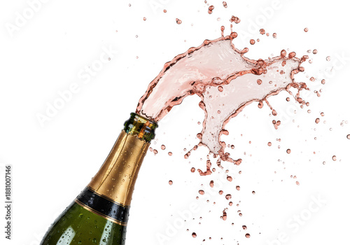 chilled, reflective champagne bottle with gold foil and condensation, violently erupting massive pink rosé sparkling wine splash, frozen in time on a high-key white studio background. concept for