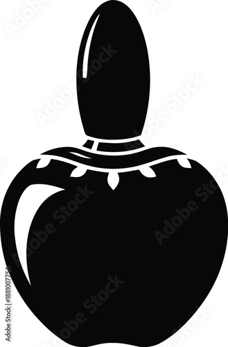 Elegant black silhouette of a vintage perfume bottle with a decorative collar and sleek cap, isolated on white