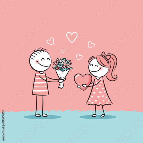 Cartoon Couple Exchanging Flowers and Heart.