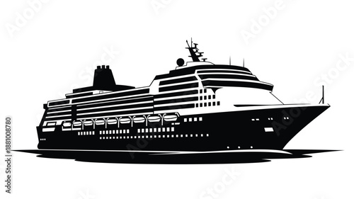 Detailed black ship illustration with prominent decks and structure a striking silhouette