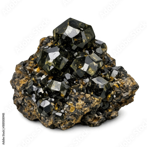Andradite garnet crystal isolated on a transparent background. High-quality gemstone mineral with dark green to black faceted crystals, suitable for jewelry design, geology, mineralogy, education, and