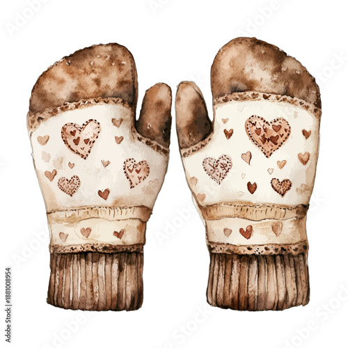 Cozy brown and white knitted mittens with red heart patterns
