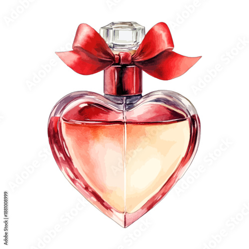 Heart shaped perfume bottle with red ribbon illustration
