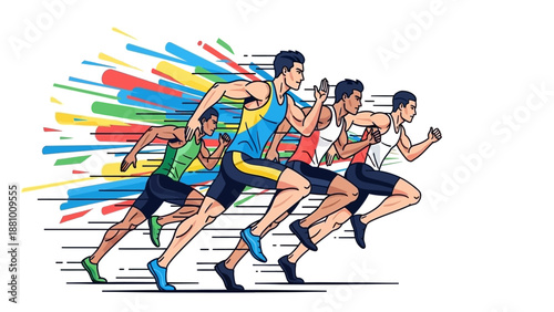 Group of Diverse Male Athletes Sprinting in a Race with Dynamic Colorful Background