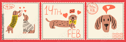 Adorable hand-drawn Valentine's day postage stamps  set with cute dachshund dogs, romantic hearts  and envelopes. Greeting cards for february 14. Vector romantic design