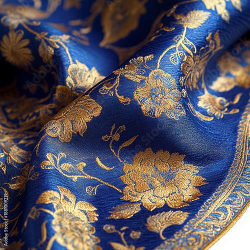 Blue silk fabric with golden floral design isolated on transparent background