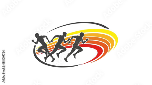 Three energetic runners sprinting with dynamic colorful motion trails, isolated white background.