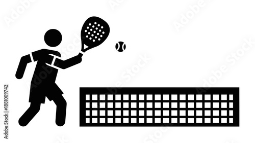 Man playing padel tennis, hitting a ball with a racket over a net, isolated white background.
