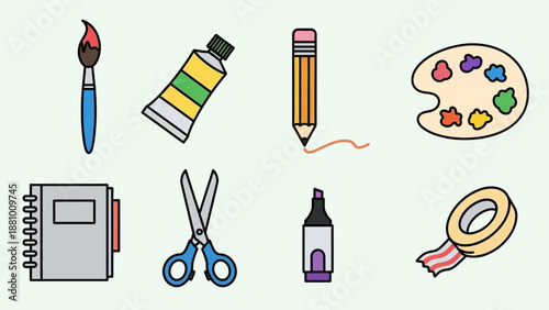 Set of various art and craft supplies including brushes, paint, pencils, and scissors in a creative flat lay on a bright studio background.