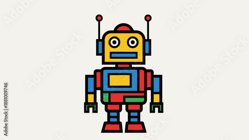 Cute colorful robot standing with antenna in a bright studio background, happy and friendly.