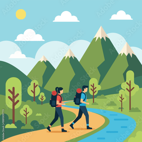 Two Hikers Walking Along River Path.
