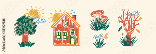 Crayon hand-drawn nature kids doodle set with colorful flowers, house and trees under the sun, mushrooms. Seasonal sketch childish elements.
