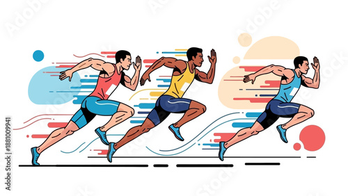 Three male runners sprinting in a competitive race, dynamic motion lines, bright studio background.