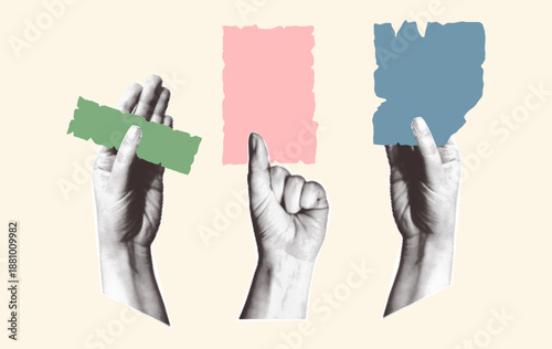 Vintage halftone hands holding empty torn paper scraps for creative design. Retro collage style vector illustration