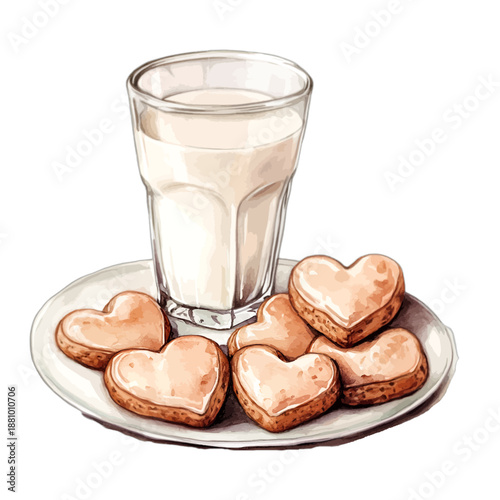 Watercolor Heart Shaped Cookies with Glass of Milk Illustration
