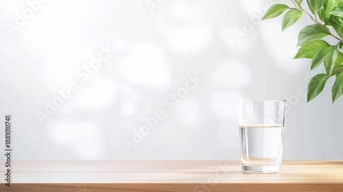 Clear Glass of Water on Wooden Table with Green Leaves in Background