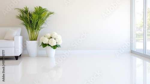 Bright and Modern Living Room with White Sofa and Green Plants
