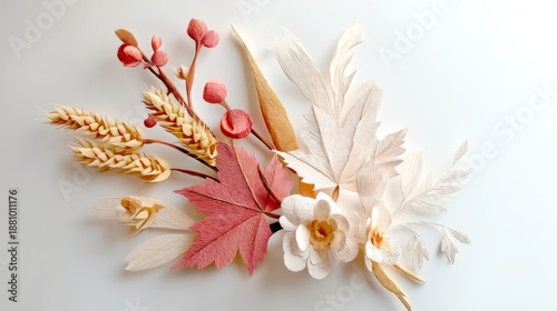Delicate Paper Craft Arrangement with Colorful Leaves and Flowers