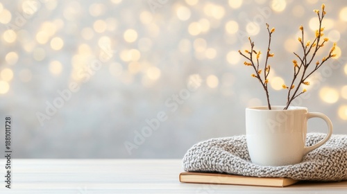 Cozy cup with branches on soft knitted blanket and bright background