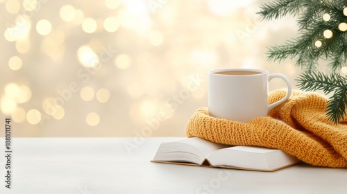 Warm Cozy Winter Scene with Mug, Book, and Christmas Decorations