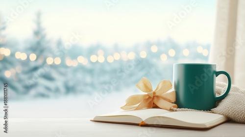 Cozy Winter Scene with Mug, Notebook, and Decorative Bow