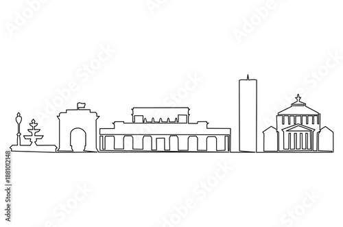 Continuous one line drawing of landmark in Bucharest, Romania. Single line drawing illustration of Historical buildings Romania. Building architecture concept vector art. Doodle line illustration.