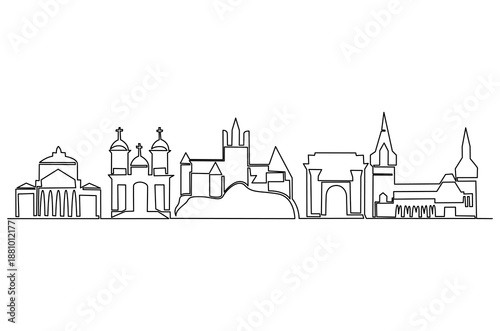 Continuous one line drawing of landmark in Bucharest, Romania. Single line drawing illustration of Historical buildings Romania. Building architecture concept vector art. Doodle line illustration.