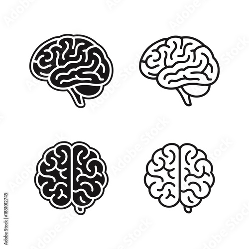Human Brain Icons Set in Outline and Solid Styles for Neurology, Medical Science, and Psychology Design Concepts