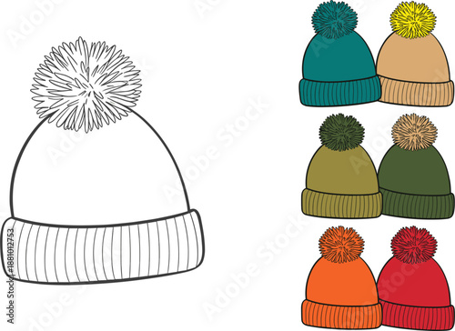 Collection of knitted bobble hats in various colors and a line drawing outline beanie winter