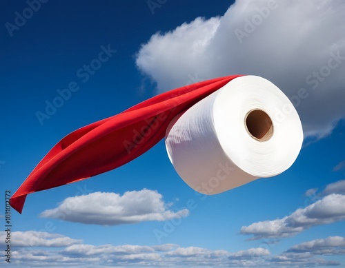 Super Toilet Paper Roll Wearing Red Cape Flying in Sky