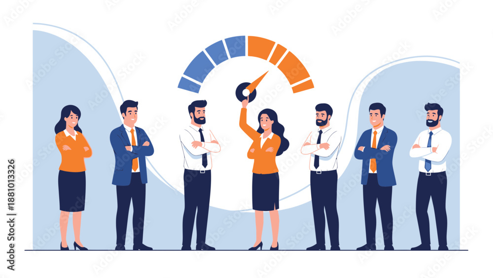 Obraz premium Business Team Performance Meter with Leader in Orange