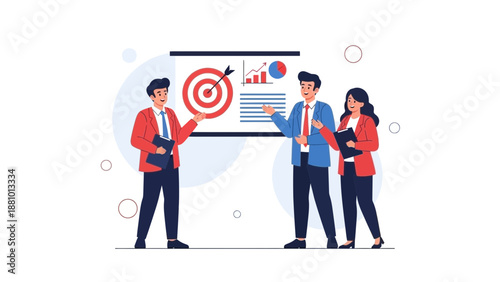 Business team presenting goals and strategy with charts on a board