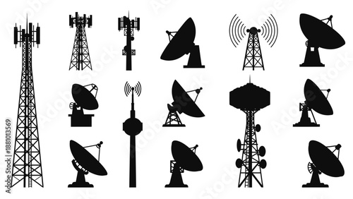 collection of various satellite and communication towers and antennas
