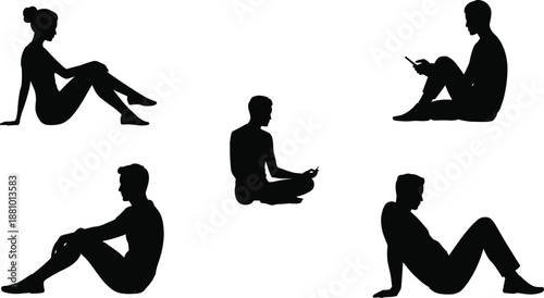 Silhouettes of people sitting in various poses on a white background woman