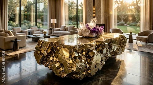Modern home interior with large luxury mineral iron pyrite kitchen island with amethyst crystal cluster and natural light during late afternoon