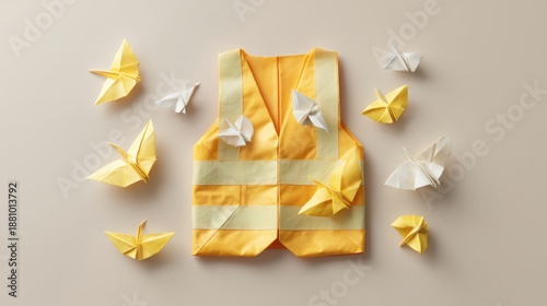 Bright Origami Butterflies Surrounding Yellow Safety Vest