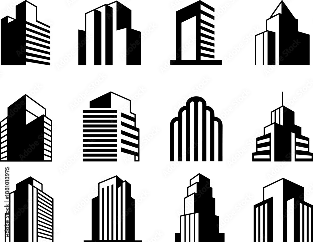 Obraz premium Twelve black and white of modern skyscrapers building architecture city