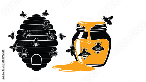 A graphic illustration of a beehive and honey jar with surrounding bees